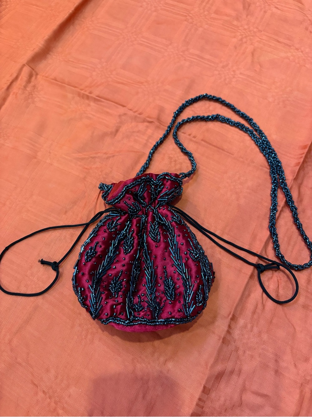 Beaded Burgundy Drawstring Evening Pouch
